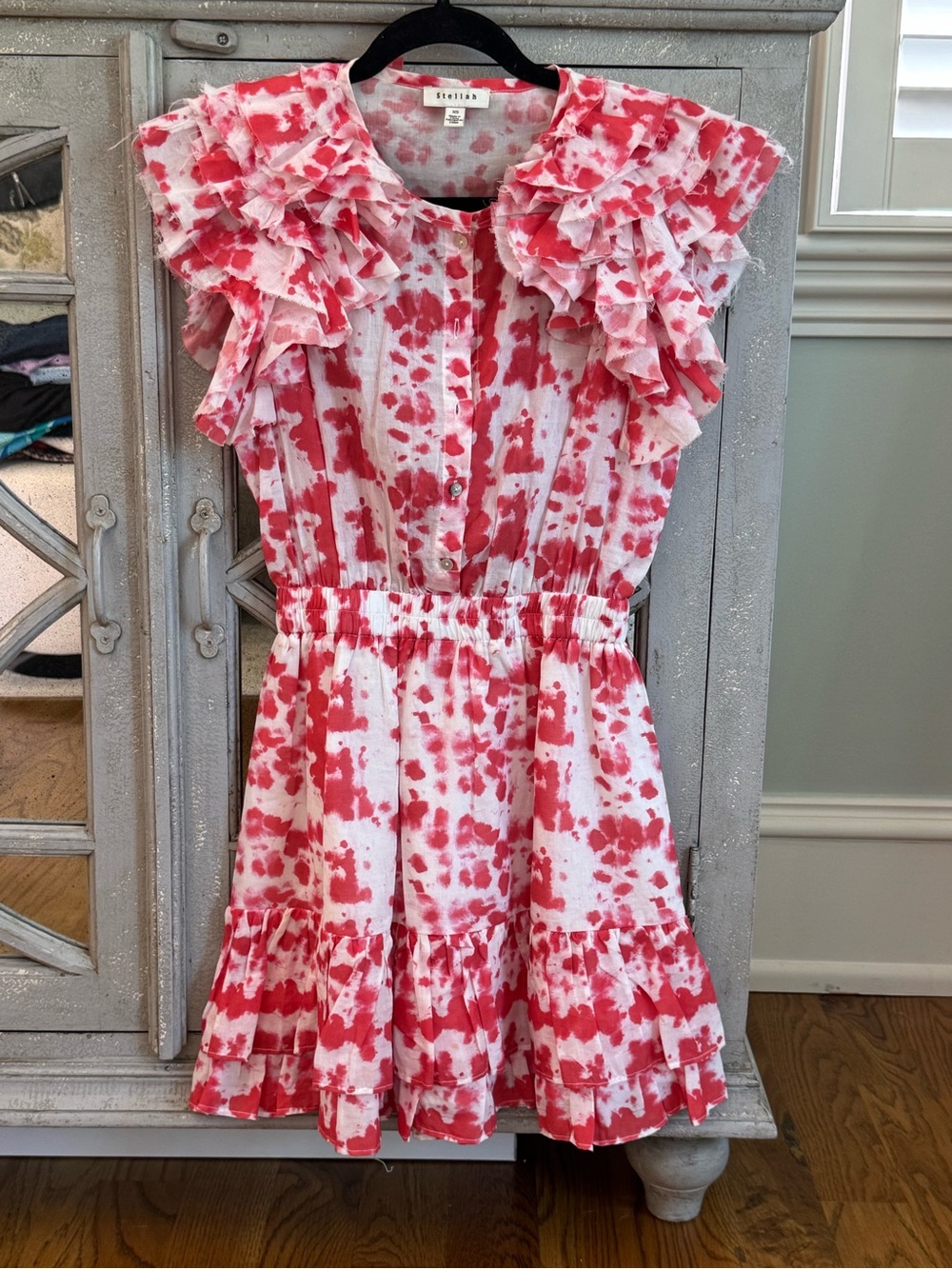 Stellah Red & White Ruffle-Tiered Tie-Dye Mini Dress